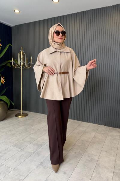 Kemer Detaylı Keçe Panço Bej