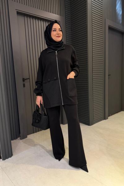 Düğme ve Jakar Detaylı Pantolonlu Oysho Takım  Siyah