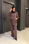 Düğme ve Jakar Detaylı Pantolonlu Oysho Takım  Kahve