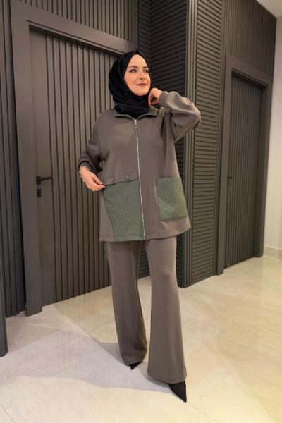 Düğme ve Jakar Detaylı Pantolonlu Oysho Takım  Haki