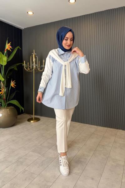 Omuz Şal Detaylı Çizgili Gömlek Mavi