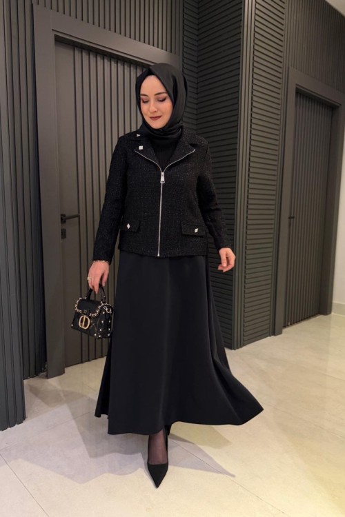 Tüvit Ceketli Etekli Takım Siyah