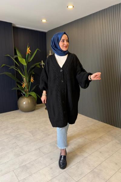 Örgü Desen Düğmeli Triko Hırka Siyah