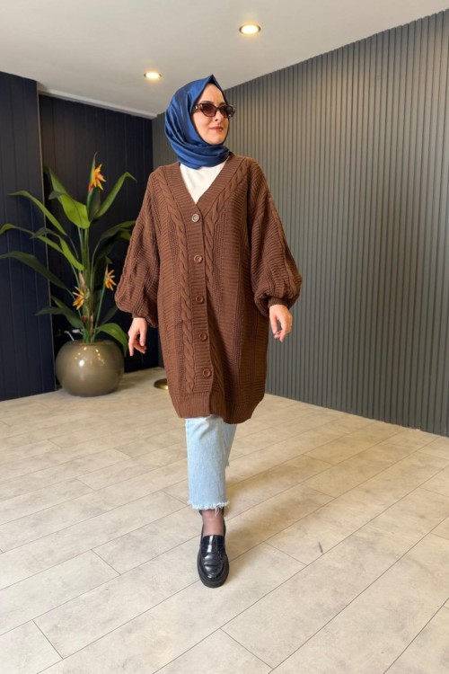 Örgü Desen Düğmeli Triko Hırka Kahverengi