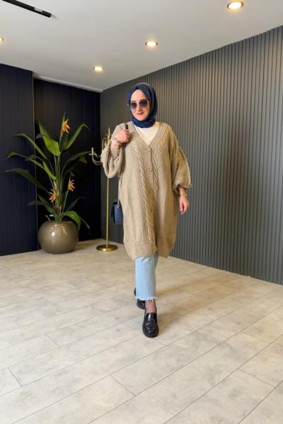 Örgü Desen Düğmeli Triko Hırka Bej