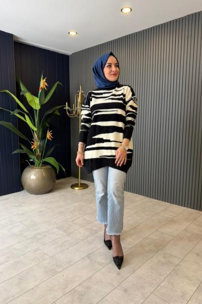 Çizgili Oversize Kazak Siyah