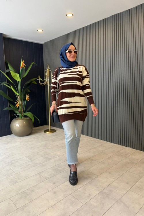 Çizgili Oversize Kazak Kahverengi