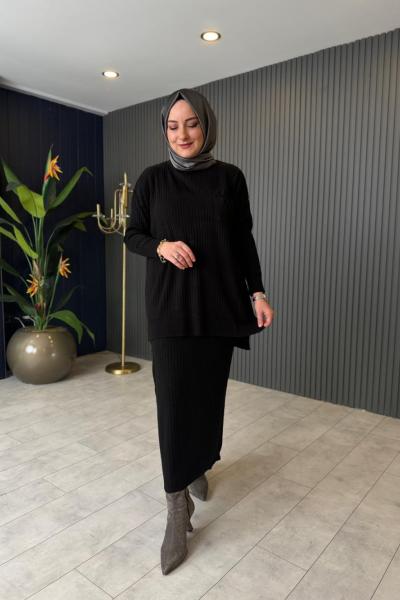 Cep Detaylı Triko Etekli Takım Siyah