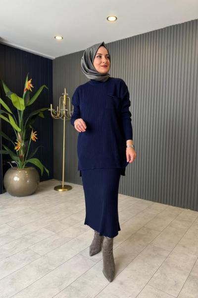 Cep Detaylı Triko Etekli Takım Lacivert