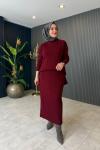 Cep Detaylı Triko Etekli Takım Bordo