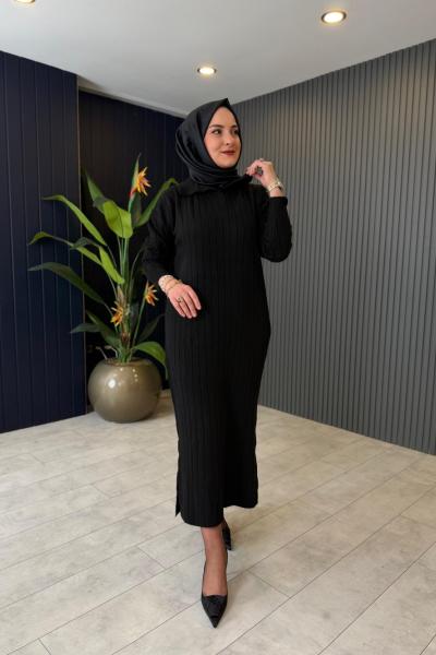 Fitilli Triko Elbise Siyah