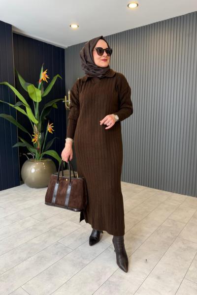 Fitilli Triko Elbise Kahve