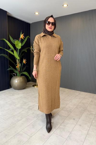 Fitilli Triko Elbise Camel