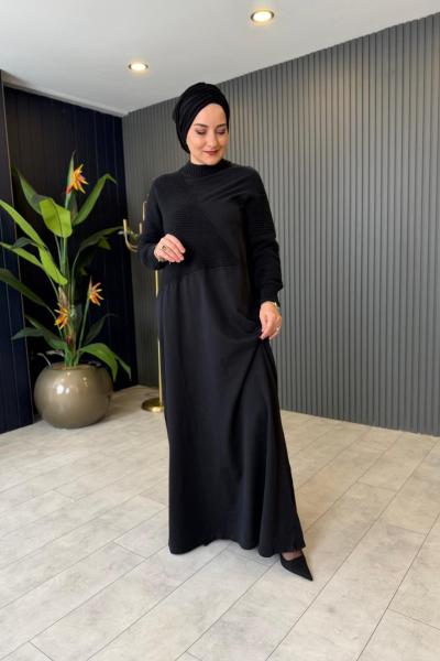 Yaka Triko Detaylı Sweat Elbise Siyah