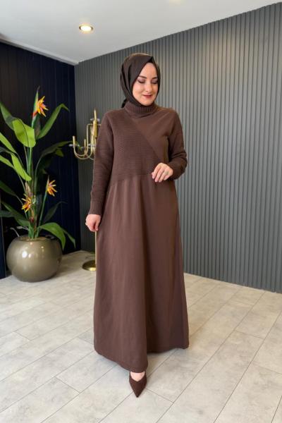 Yaka Triko Detaylı Sweat Elbise Kahve
