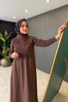 Yaka Triko Detaylı Sweat Elbise Kahve