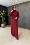 Yaka Triko Detaylı Sweat Elbise Bordo