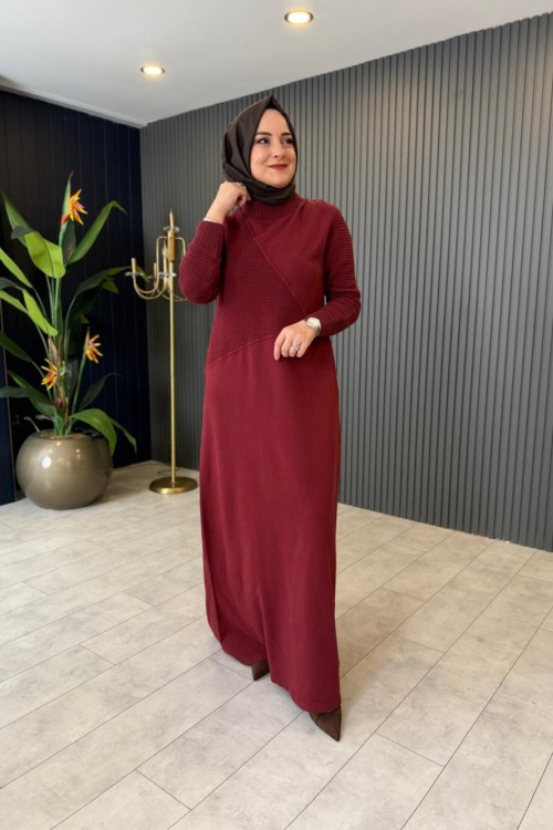 Yaka Triko Detaylı Sweat Elbise Bordo