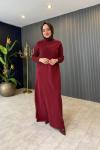 Yaka Triko Detaylı Sweat Elbise Bordo