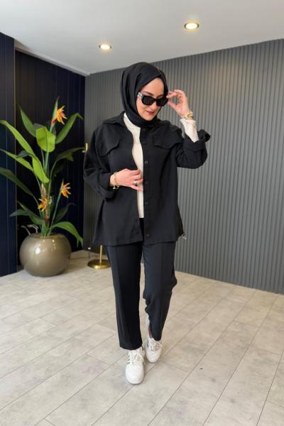 Cep Kapak Detaylı Pantolonlu Tensel Takım Siyah