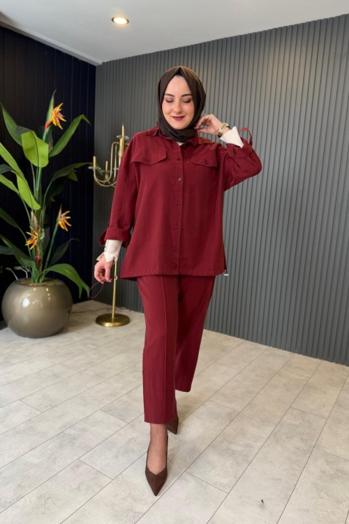Cep Kapak Detaylı Pantolonlu Tensel Takım Bordo