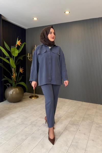 Cep Kapak Detaylı Pantolonlu Tensel Takım İndigo Mavi