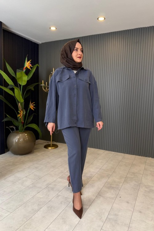 Cep Kapak Detaylı Pantolonlu Tensel Takım İndigo Mavi