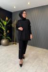 Fitilli Triko Detaylı Pantolonlu Takım Siyah