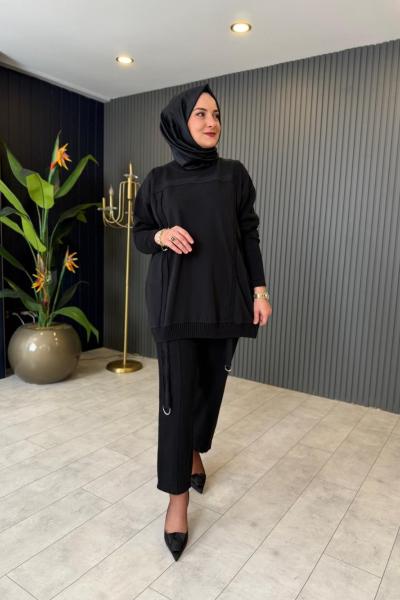 Fitilli Triko Detaylı Pantolonlu Takım Siyah