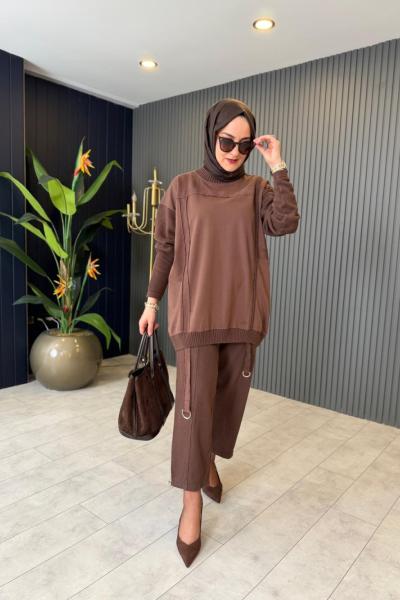 Fitilli Triko Detaylı Pantolonlu Takım Kahve