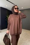 Fitilli Triko Detaylı Pantolonlu Takım Kahve