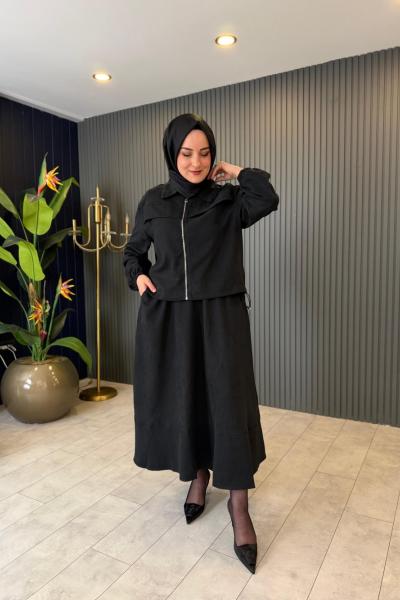 Fermuar Detaylı Nubuk Etekli Takım Siyah