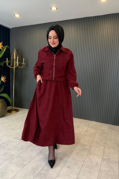 Fermuar Detaylı Nubuk Etekli Takım Bordo