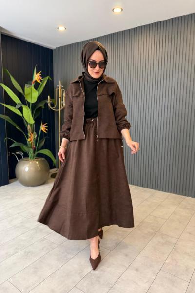 Fermuar Detaylı Nubuk Etekli Takım Kahve
