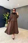 Fermuar Detaylı Nubuk Etekli Takım Kahve