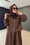 Fermuar Detaylı Nubuk Etekli Takım Kahve