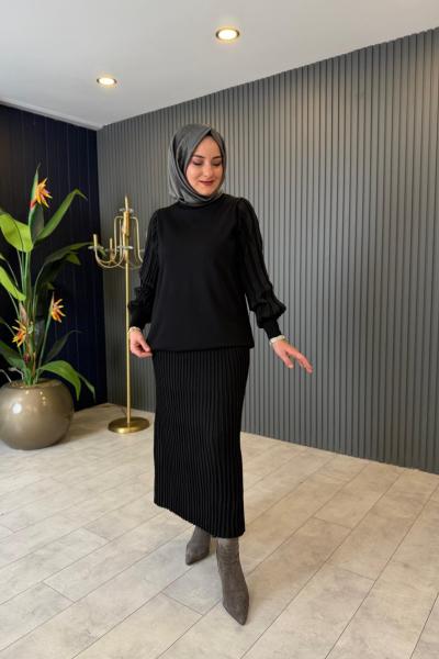 Simli Ribana Detaylı Etekli Takım Siyah