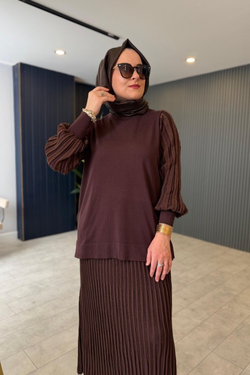 Simli Ribana Detaylı Etekli Takım Kahve