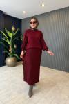 Simli Ribana Detaylı Etekli Takım Bordo