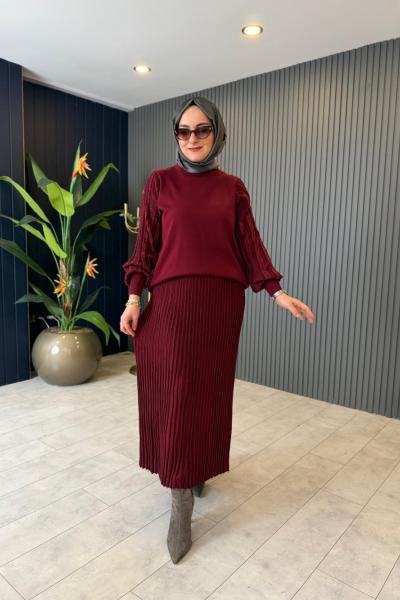 Simli Ribana Detaylı Etekli Takım Bordo
