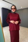 Simli Ribana Detaylı Etekli Takım Bordo