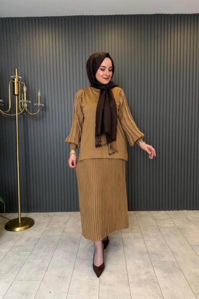 Simli Ribana Detaylı Etekli Takım Camel