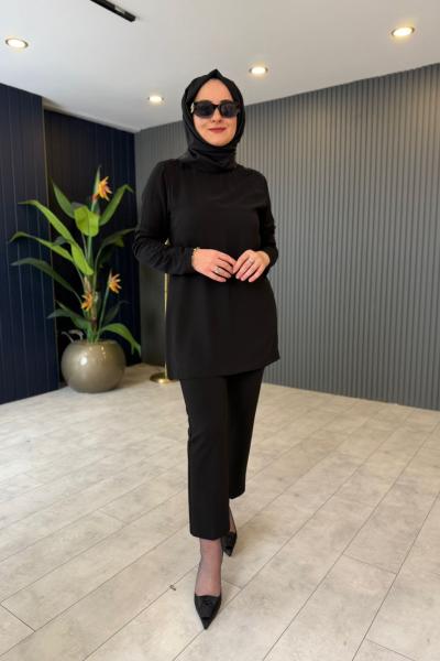 Şifon Taş Detaylı Uzun Kollu İçlik Tunik Siyah