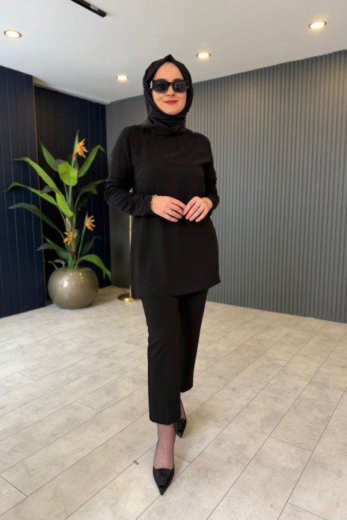 Şifon Taş Detaylı Uzun Kollu İçlik Tunik Siyah