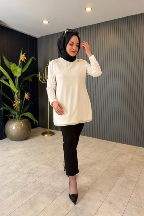 Şifon Taş Detaylı Uzun Kollu İçlik Tunik Ekru
