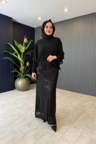 Şifon Payet Detaylı İkili Elbise Siyah