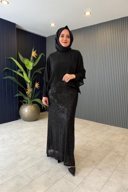Şifon Payet Detaylı İkili Elbise Siyah