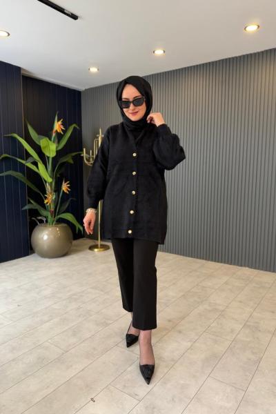 Gold Düğmeli Angora Peluş Hırka Siyah