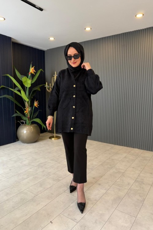 Gold Düğmeli Angora Peluş Hırka Siyah