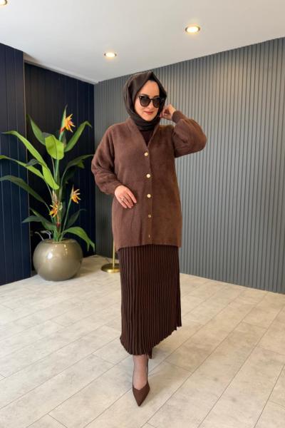 Gold Düğmeli Angora Peluş Hırka Kahverengi